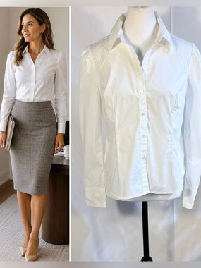💥Boden Classic White Stretch Cotton Fitted Button-Up Blouse Puff Shoulder~6P💛